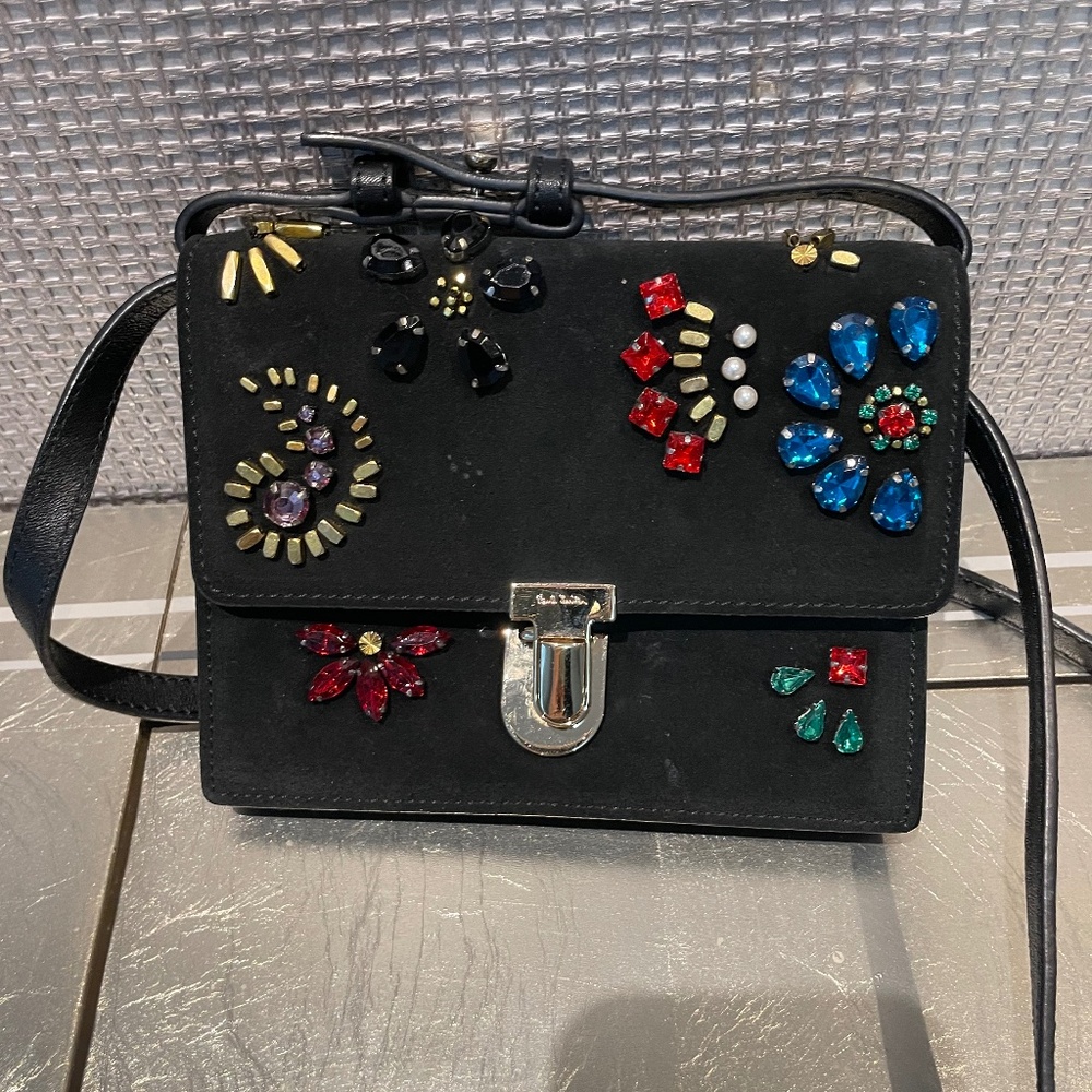 NEW! Paul Smith Bag Black Mini 'Concertina' Suede Satchel Jewel Embellishment